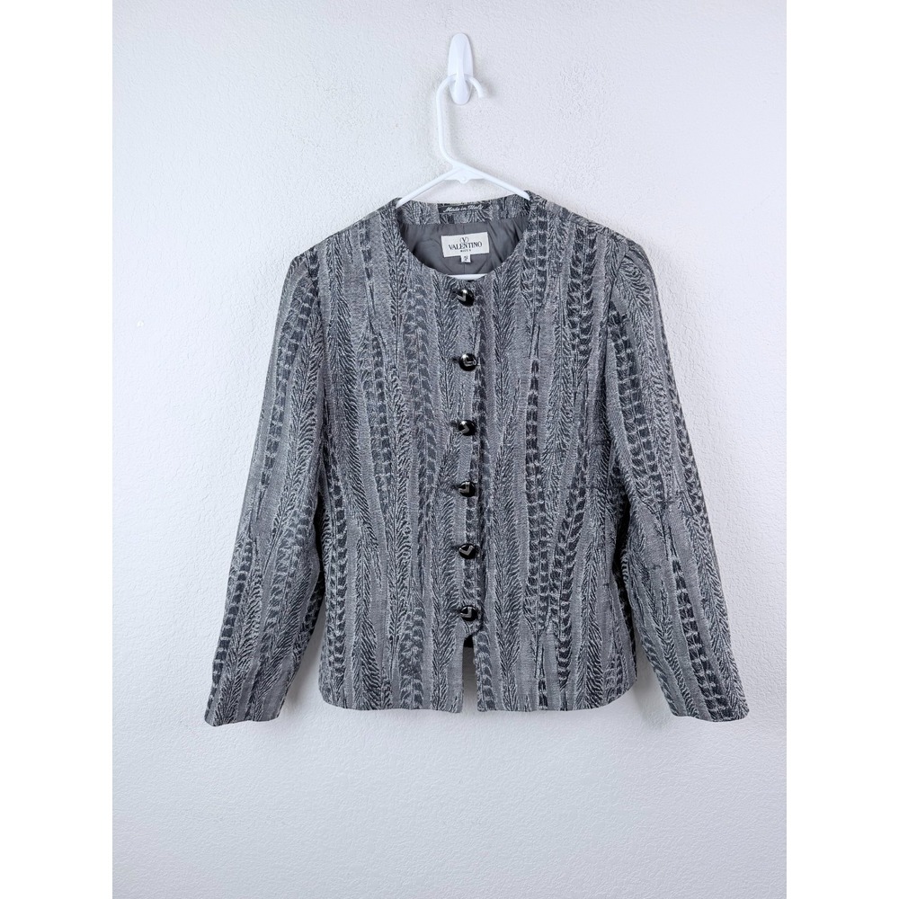 Valentino Miss V Italy Wool Silk Jacket Blazer Gray Textured Button Front IT 42